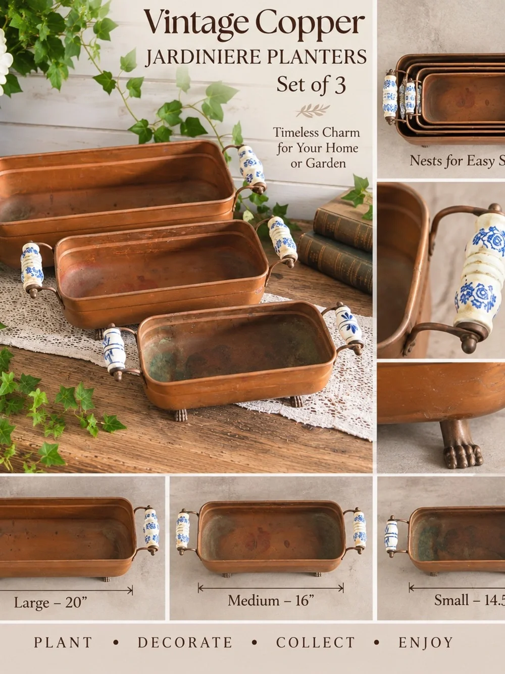 Vintage Copper Jardiniere Planters Set of 3 💙 Porcelain Handles Paw Feet